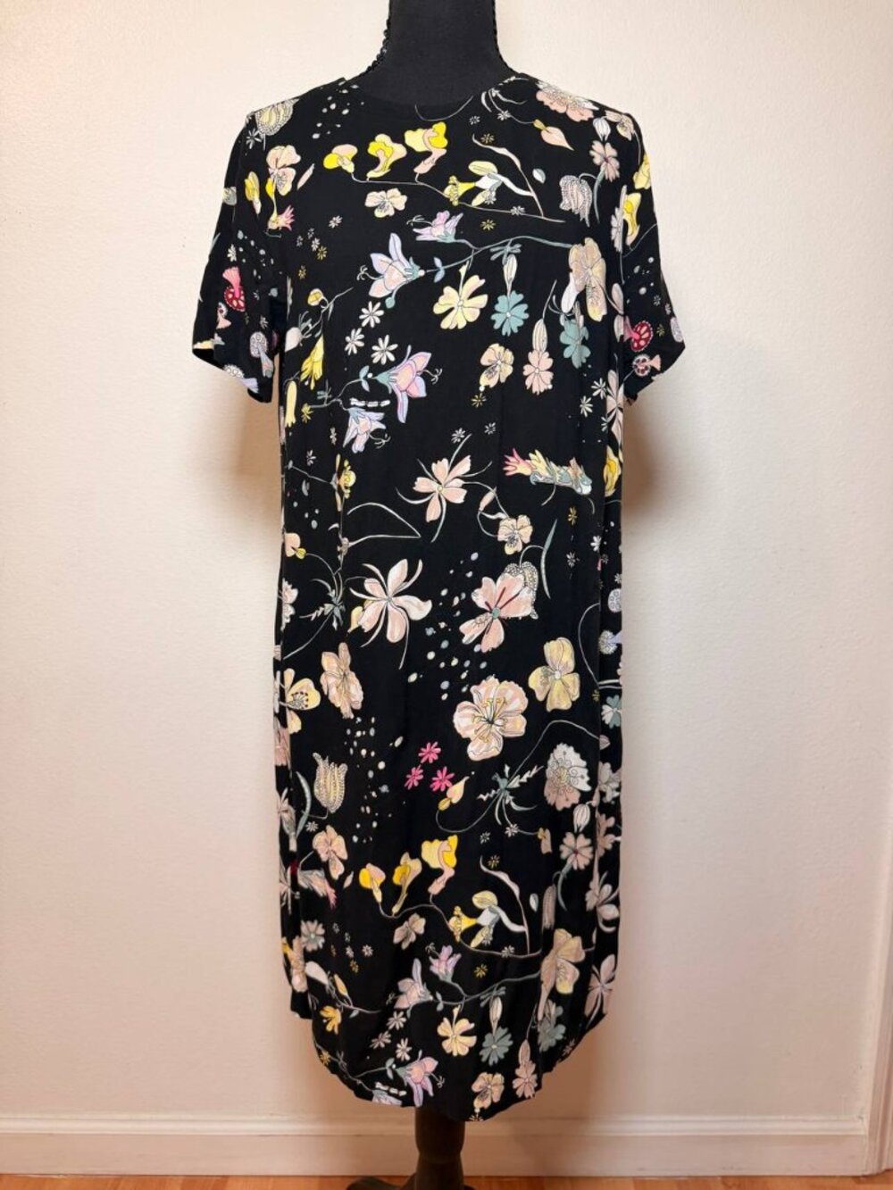 H&M Black Floral Print Shift Dress Boho Summer Style